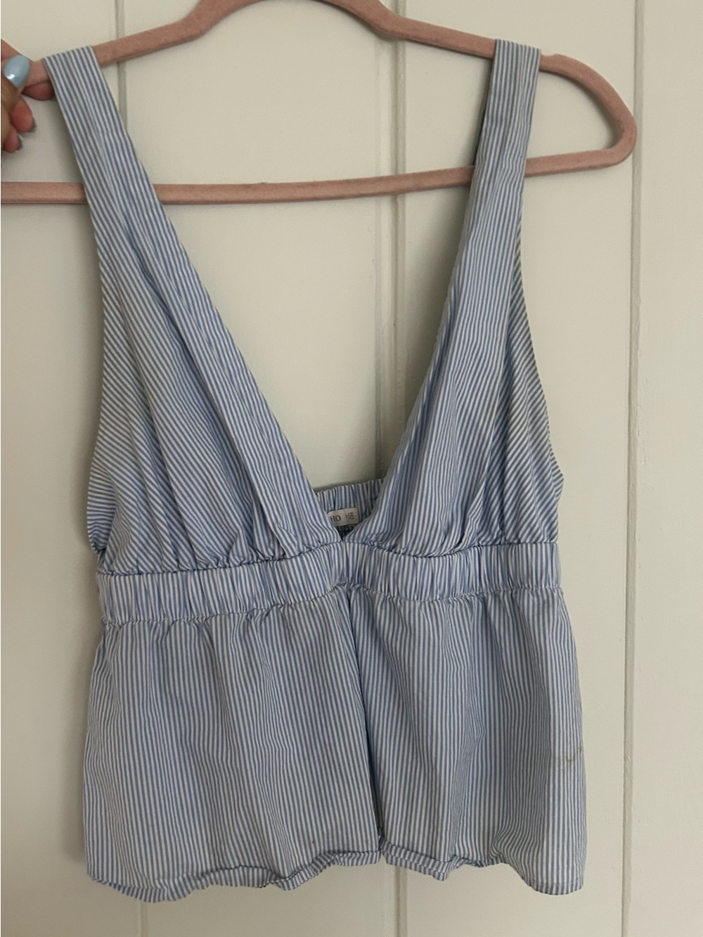 Oysho Spain Blue and White Pinstripe Deep V-Neck Cropped Tank Top